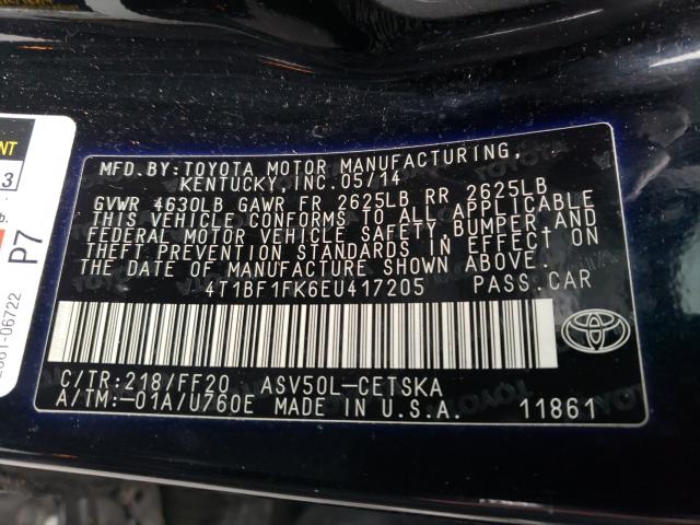 Photo 9 VIN: 4T1BF1FK6EU417205 - TOYOTA CAMRY L 