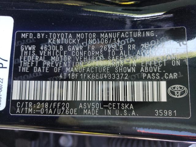 Photo 9 VIN: 4T1BF1FK6EU433372 - TOYOTA CAMRY L 