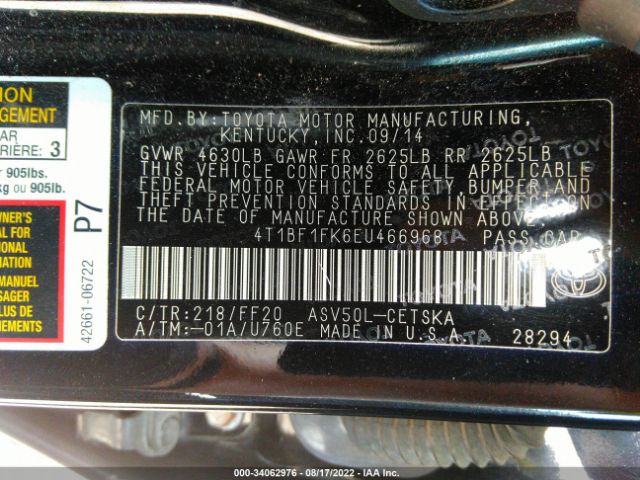 Photo 8 VIN: 4T1BF1FK6EU466968 - TOYOTA CAMRY 