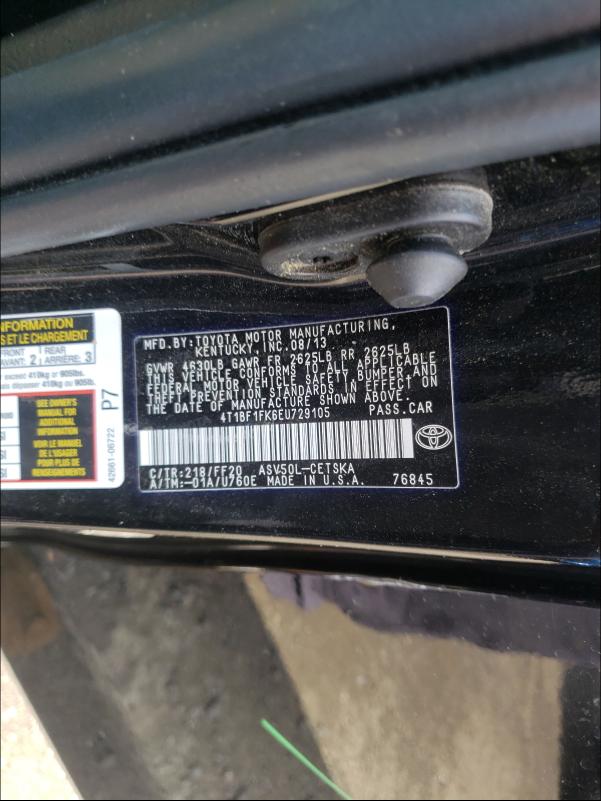 Photo 9 VIN: 4T1BF1FK6EU729105 - TOYOTA CAMRY L 