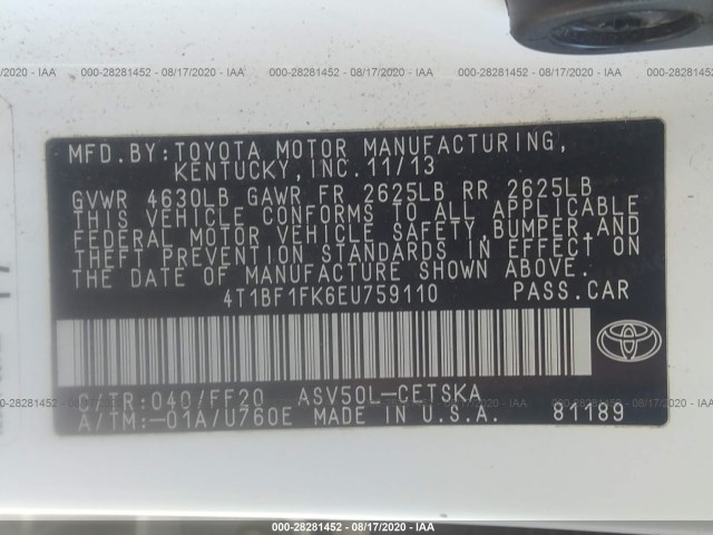 Photo 8 VIN: 4T1BF1FK6EU759110 - TOYOTA CAMRY 