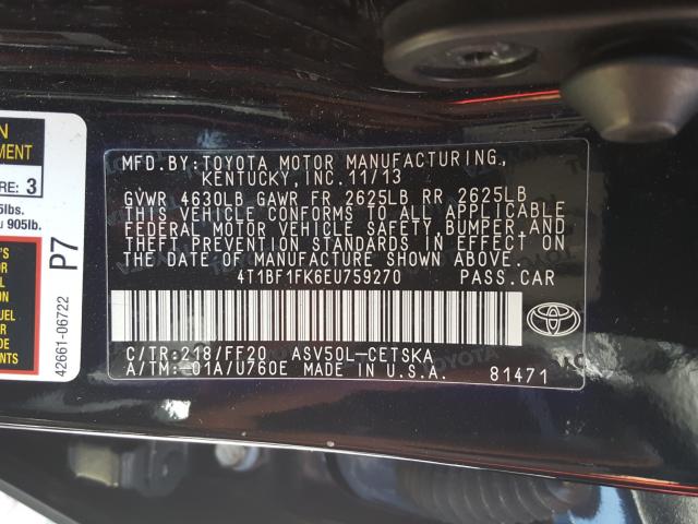 Photo 9 VIN: 4T1BF1FK6EU759270 - TOYOTA CAMRY L 