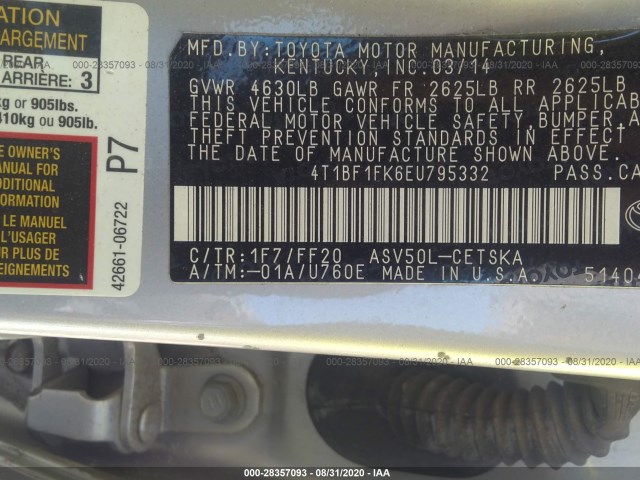 Photo 8 VIN: 4T1BF1FK6EU795332 - TOYOTA CAMRY 