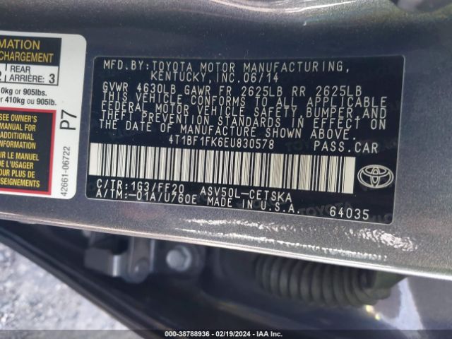 Photo 8 VIN: 4T1BF1FK6EU830578 - TOYOTA CAMRY 