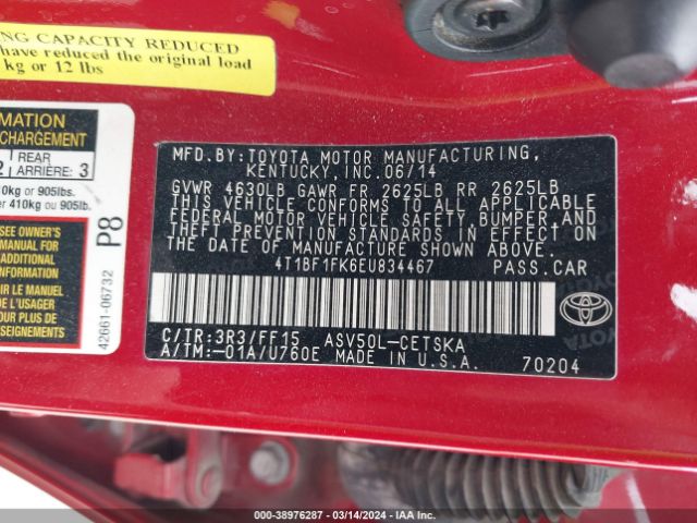 Photo 8 VIN: 4T1BF1FK6EU834467 - TOYOTA CAMRY 