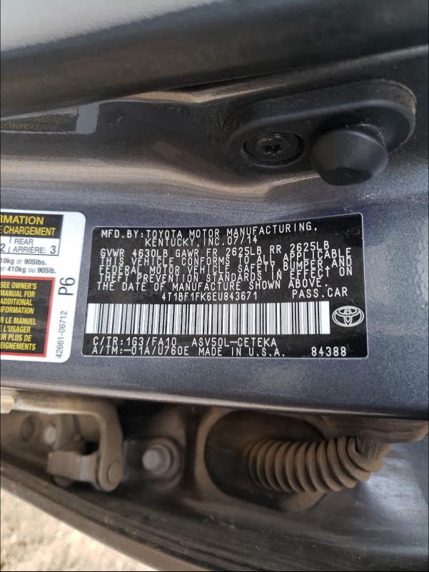 Photo 9 VIN: 4T1BF1FK6EU843671 - TOYOTA CAMRY L 