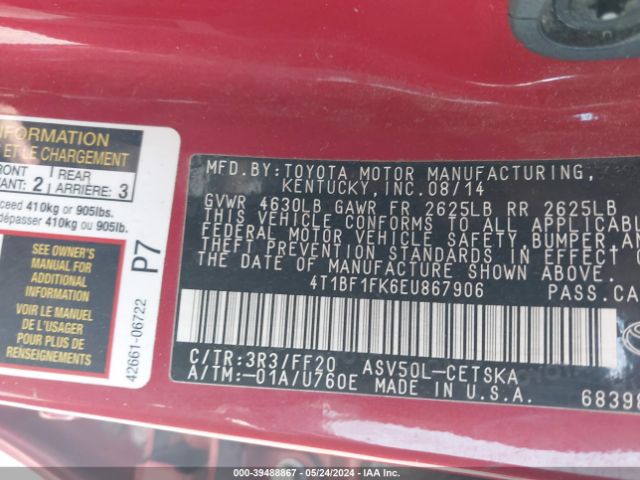 Photo 8 VIN: 4T1BF1FK6EU867906 - TOYOTA CAMRY 