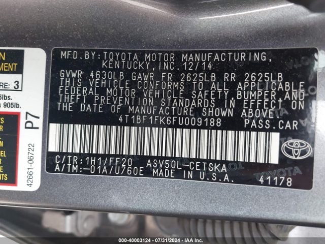 Photo 8 VIN: 4T1BF1FK6FU009188 - TOYOTA CAMRY 