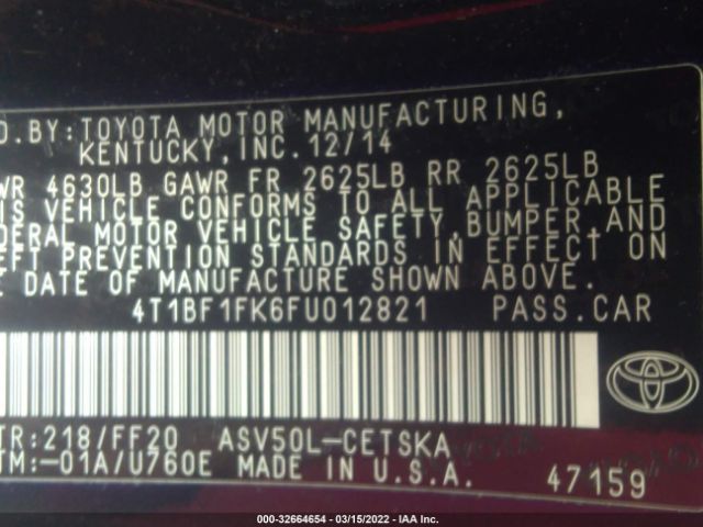 Photo 8 VIN: 4T1BF1FK6FU012821 - TOYOTA CAMRY 