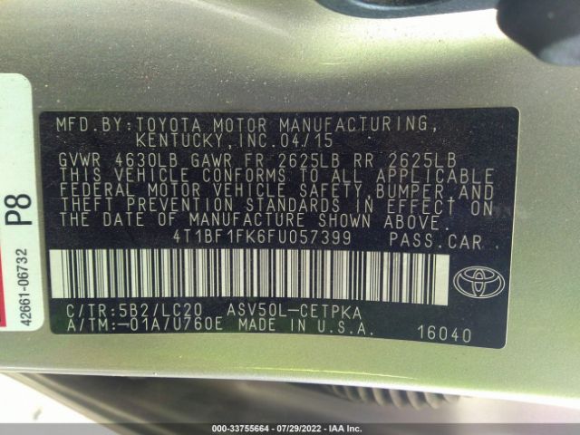 Photo 8 VIN: 4T1BF1FK6FU057399 - TOYOTA CAMRY 