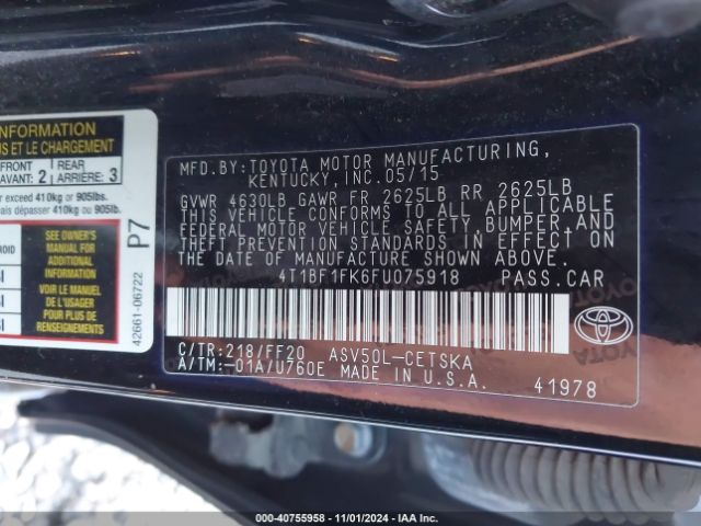 Photo 8 VIN: 4T1BF1FK6FU075918 - TOYOTA CAMRY 