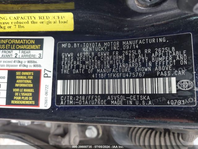 Photo 8 VIN: 4T1BF1FK6FU475767 - TOYOTA CAMRY 