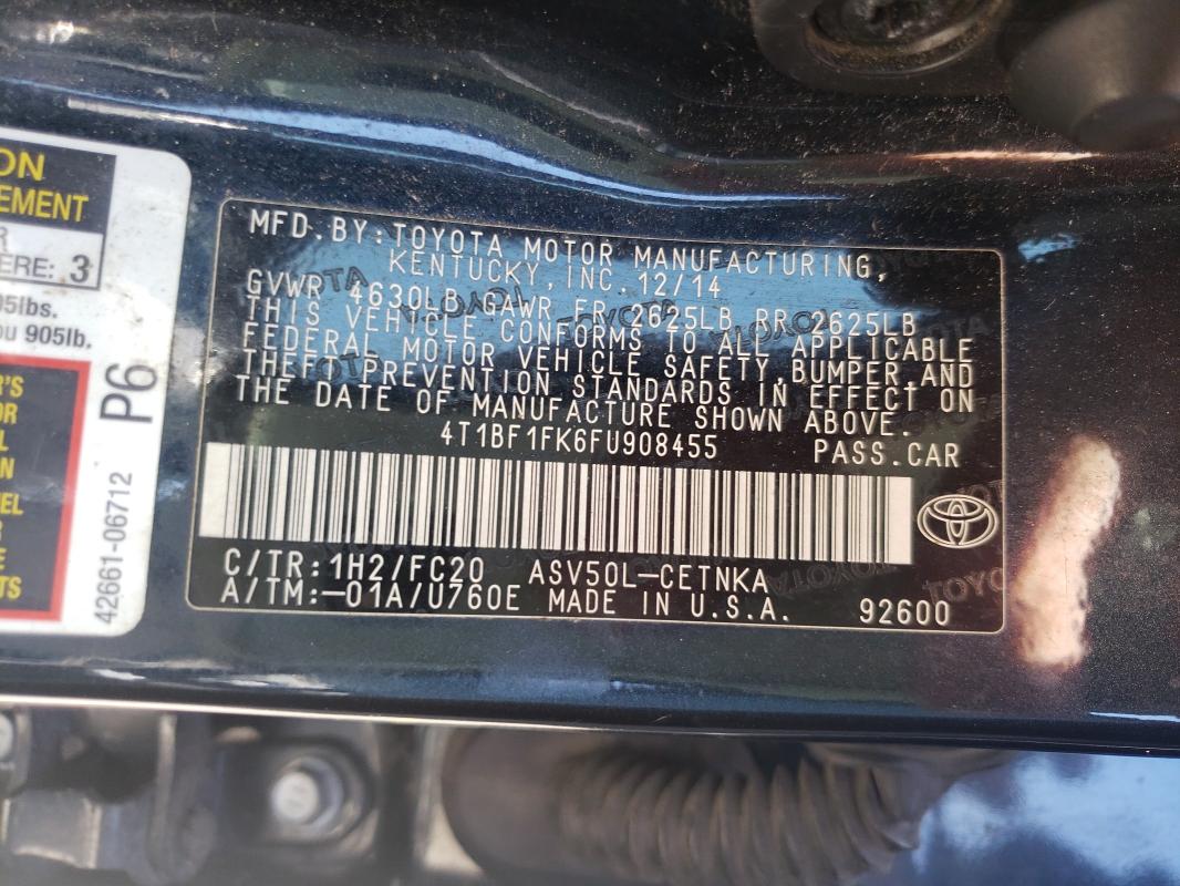 Photo 9 VIN: 4T1BF1FK6FU908455 - TOYOTA CAMRY LE 