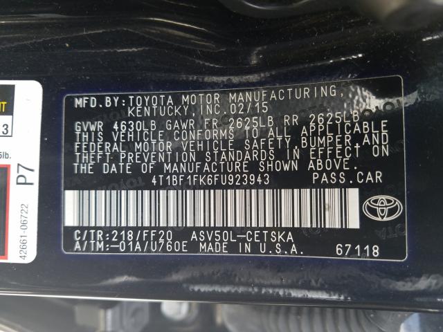 Photo 9 VIN: 4T1BF1FK6FU923943 - TOYOTA CAMRY LE 