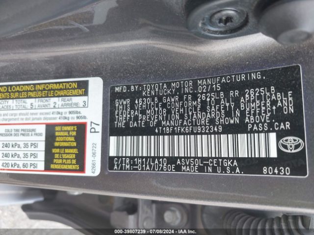 Photo 8 VIN: 4T1BF1FK6FU932349 - TOYOTA CAMRY 