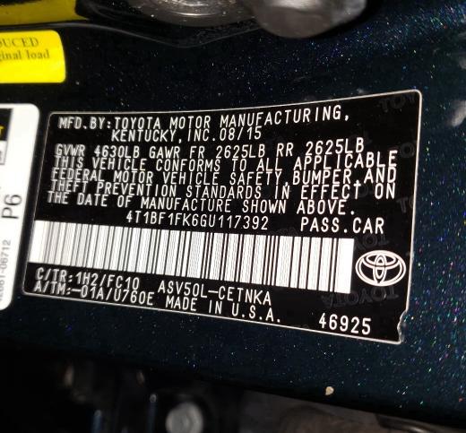 Photo 9 VIN: 4T1BF1FK6GU117392 - TOYOTA CAMRY LE 