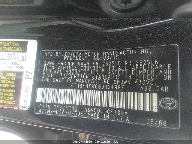 Photo 8 VIN: 4T1BF1FK6GU124987 - TOYOTA CAMRY 