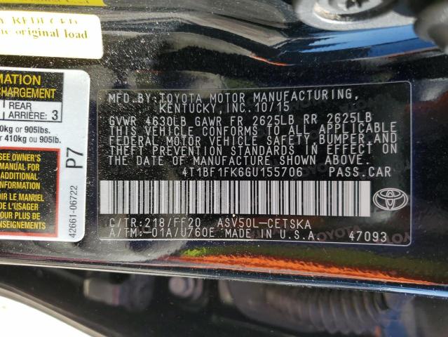 Photo 11 VIN: 4T1BF1FK6GU155706 - TOYOTA CAMRY LE 