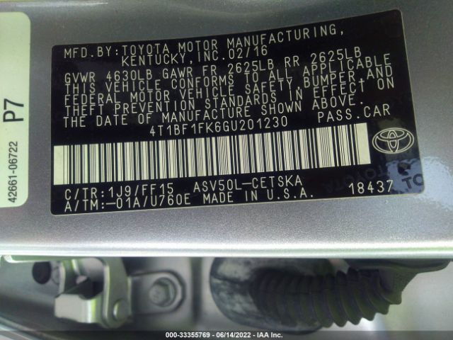 Photo 8 VIN: 4T1BF1FK6GU201230 - TOYOTA CAMRY 