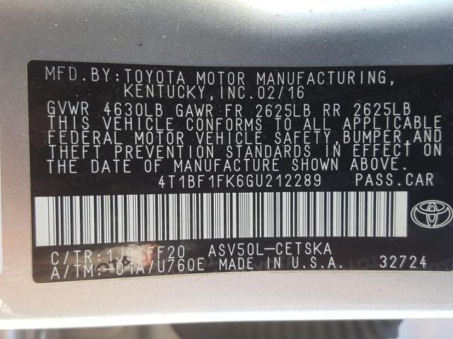 Photo 9 VIN: 4T1BF1FK6GU212289 - TOYOTA CAMRY LE 