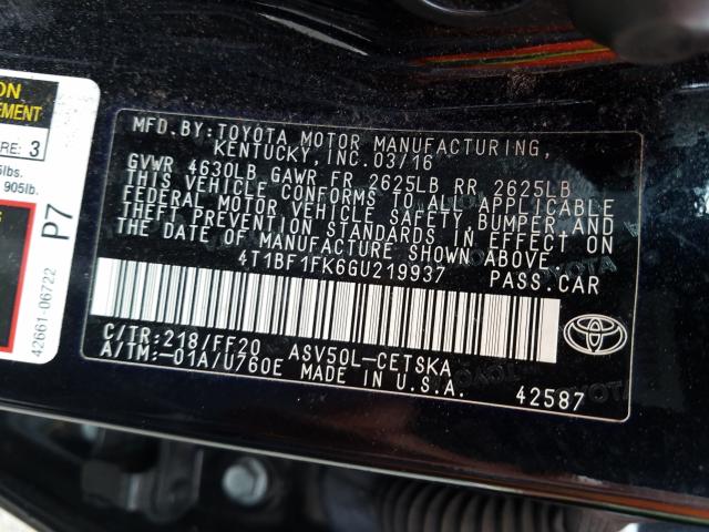 Photo 9 VIN: 4T1BF1FK6GU219937 - TOYOTA CAMRY LE 