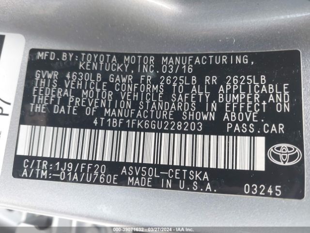 Photo 8 VIN: 4T1BF1FK6GU228203 - TOYOTA CAMRY 