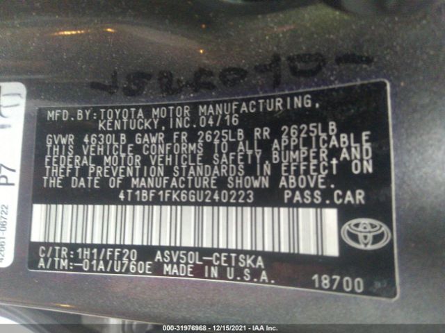 Photo 8 VIN: 4T1BF1FK6GU240223 - TOYOTA CAMRY 