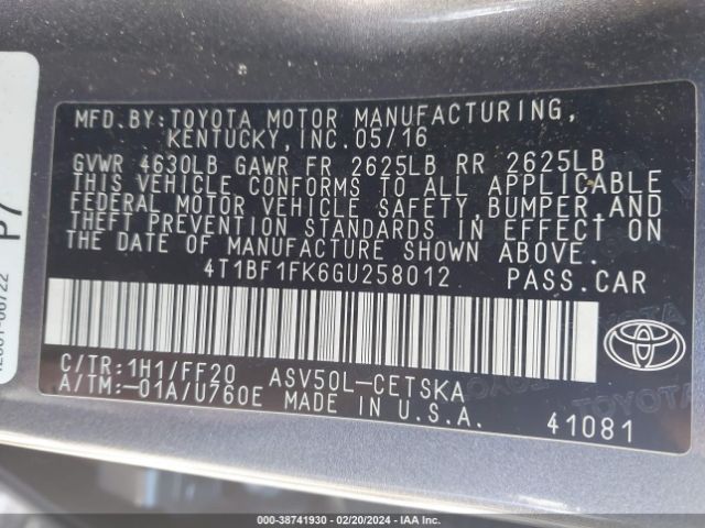 Photo 8 VIN: 4T1BF1FK6GU258012 - TOYOTA CAMRY 