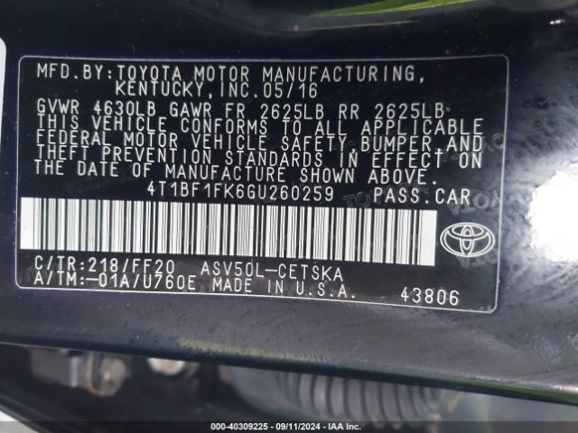 Photo 8 VIN: 4T1BF1FK6GU260259 - TOYOTA CAMRY 