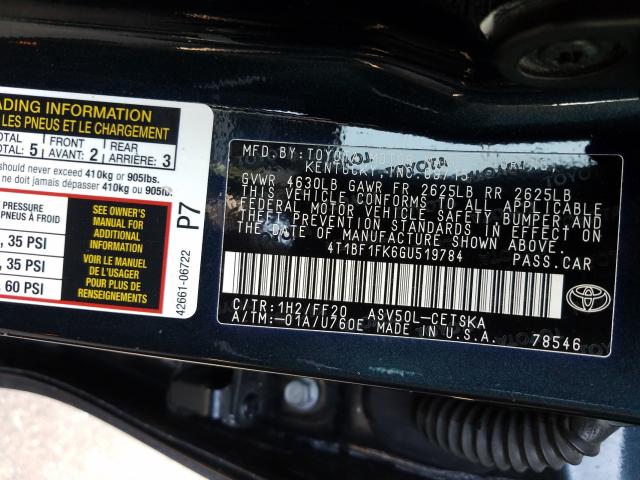 Photo 9 VIN: 4T1BF1FK6GU519784 - TOYOTA CAMRY LE 