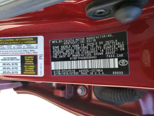 Photo 9 VIN: 4T1BF1FK6GU589463 - TOYOTA CAMRY LE 