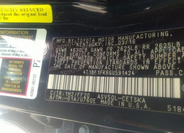 Photo 8 VIN: 4T1BF1FK6GU591424 - TOYOTA CAMRY 