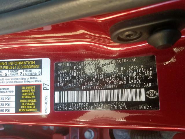 Photo 9 VIN: 4T1BF1FK6GU600977 - TOYOTA CAMRY LE 