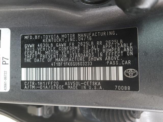 Photo 9 VIN: 4T1BF1FK6GU603233 - TOYOTA CAMRY LE 