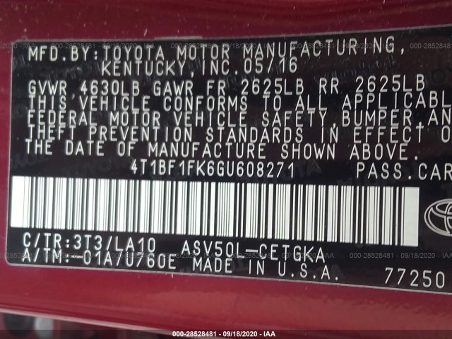 Photo 8 VIN: 4T1BF1FK6GU608271 - TOYOTA CAMRY 