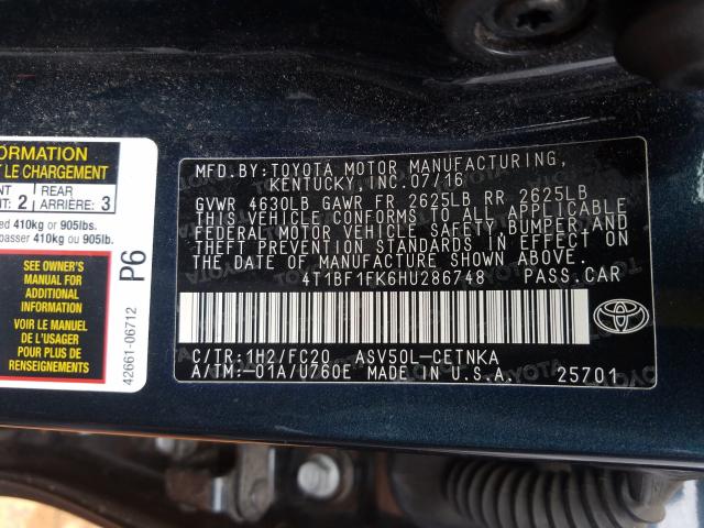 Photo 9 VIN: 4T1BF1FK6HU286748 - TOYOTA CAMRY LE 