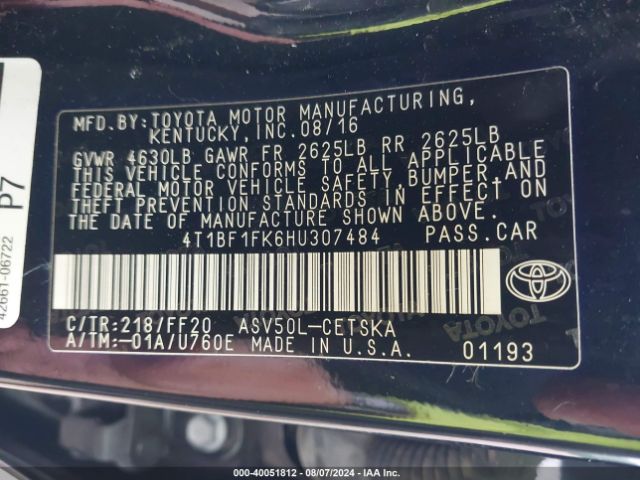 Photo 8 VIN: 4T1BF1FK6HU307484 - TOYOTA CAMRY 