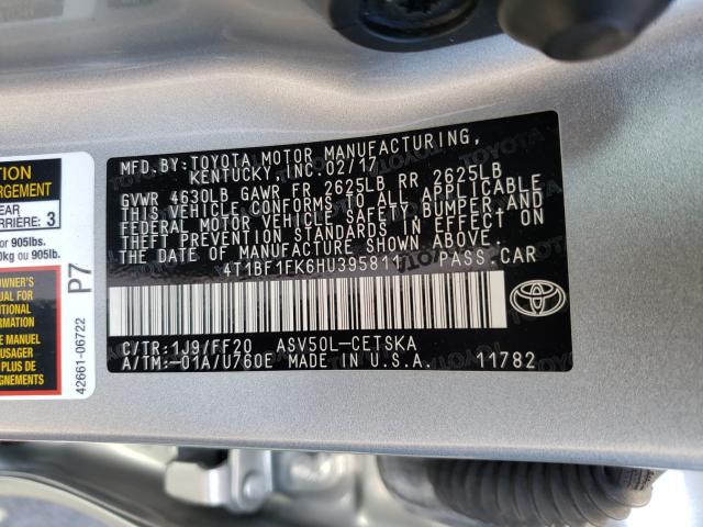 Photo 9 VIN: 4T1BF1FK6HU395811 - TOYOTA CAMRY LE 