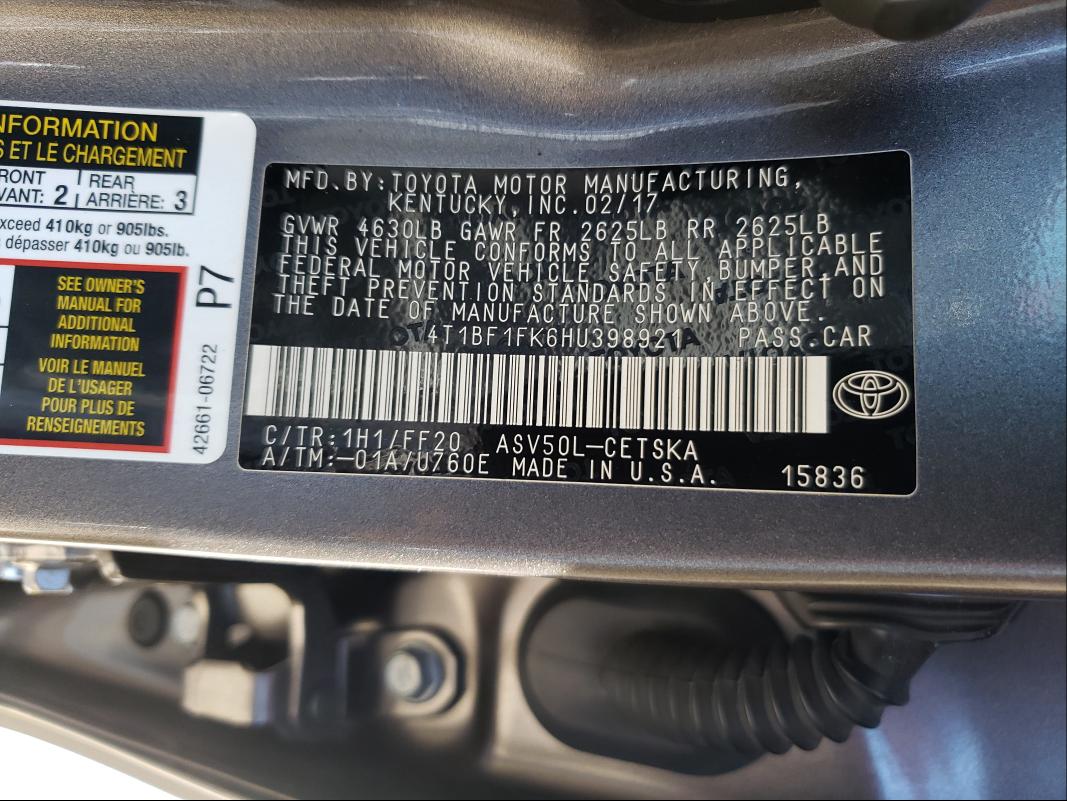 Photo 9 VIN: 4T1BF1FK6HU398921 - TOYOTA CAMRY LE 