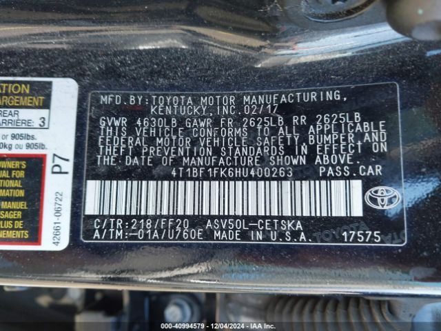 Photo 8 VIN: 4T1BF1FK6HU400263 - TOYOTA CAMRY 