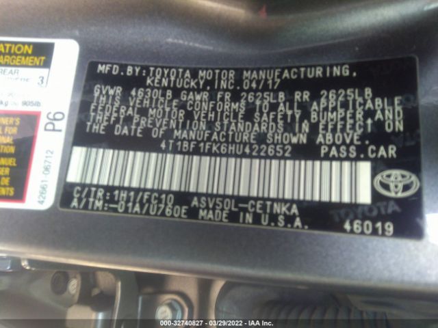 Photo 8 VIN: 4T1BF1FK6HU422652 - TOYOTA CAMRY 