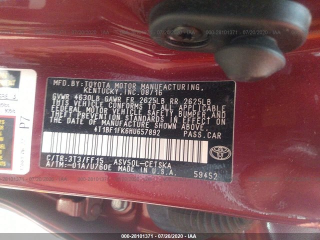 Photo 8 VIN: 4T1BF1FK6HU657892 - TOYOTA CAMRY 