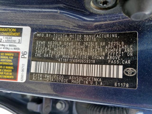 Photo 9 VIN: 4T1BF1FK6HU659318 - TOYOTA CAMRY LE 