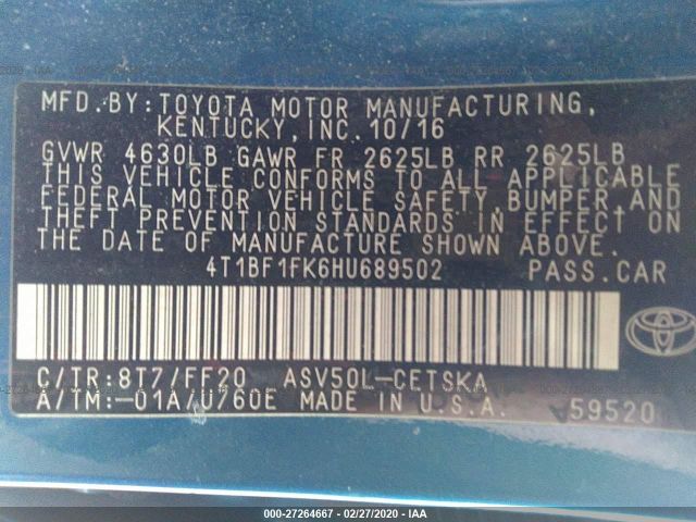 Photo 8 VIN: 4T1BF1FK6HU689502 - TOYOTA CAMRY 