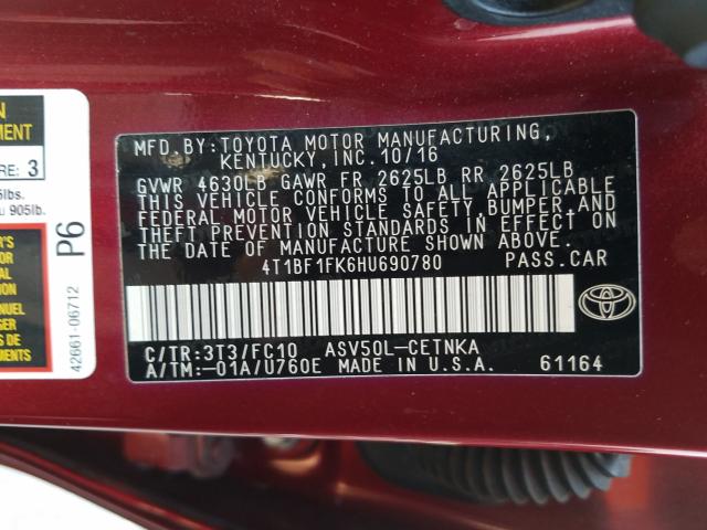 Photo 9 VIN: 4T1BF1FK6HU690780 - TOYOTA CAMRY LE 