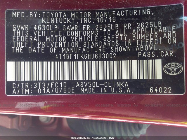 Photo 8 VIN: 4T1BF1FK6HU693002 - TOYOTA CAMRY 