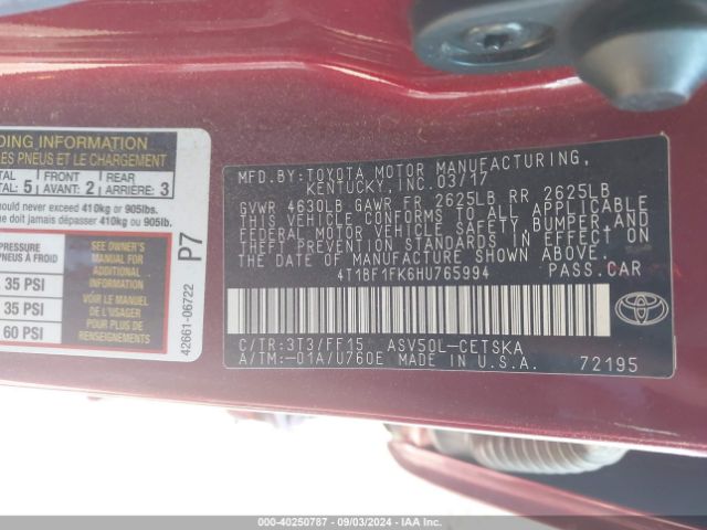 Photo 8 VIN: 4T1BF1FK6HU765994 - TOYOTA CAMRY 