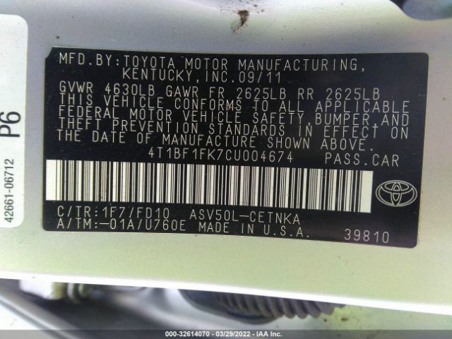 Photo 8 VIN: 4T1BF1FK7CU004674 - TOYOTA CAMRY 