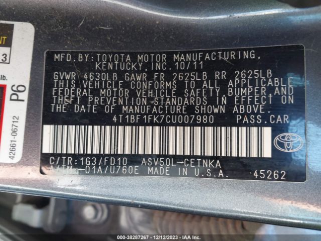 Photo 8 VIN: 4T1BF1FK7CU007980 - TOYOTA CAMRY 