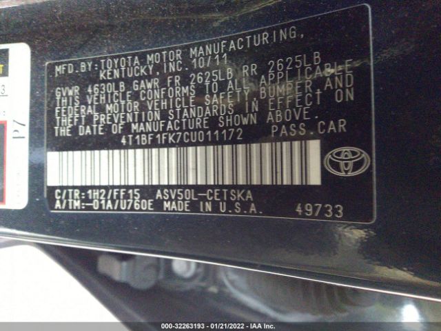 Photo 8 VIN: 4T1BF1FK7CU011172 - TOYOTA CAMRY 